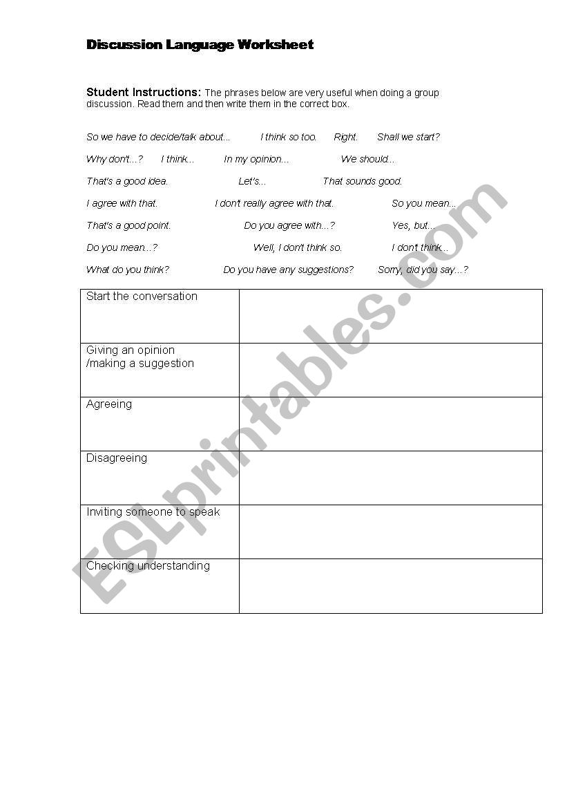 Group Discussion Language Worksheet