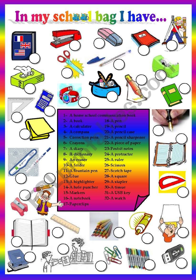 school bag objects - matching exercise 