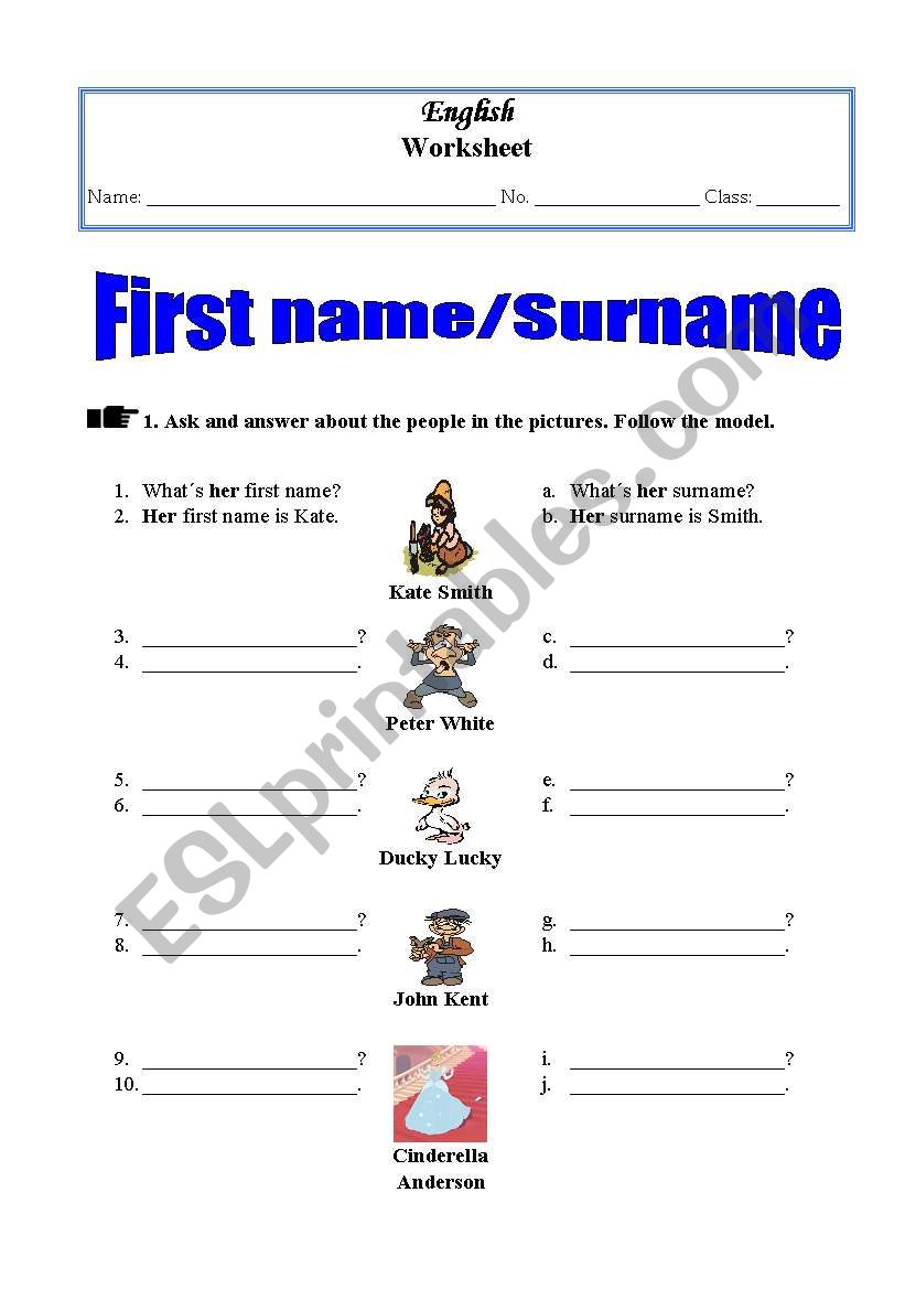 First name and Surname worksheet