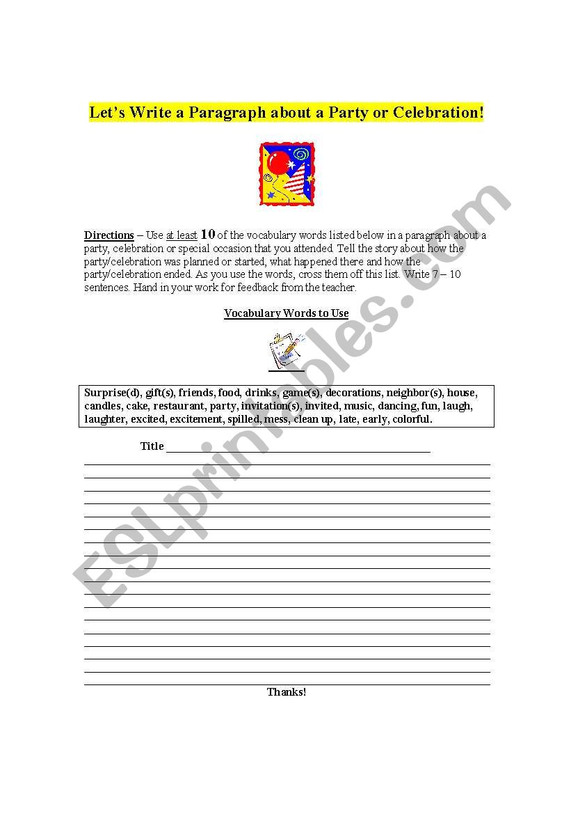 Guided Writing Worksheet - Students Write a Paragraph about a Party or Celebration