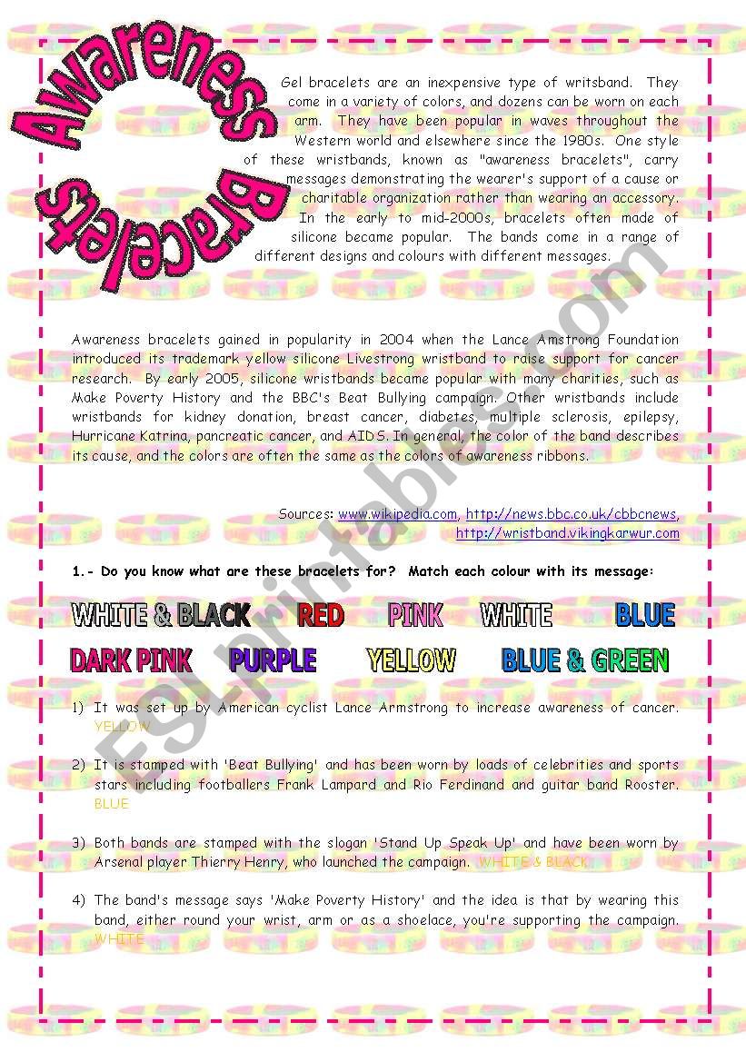 Reading: Awareness Bracelets worksheet