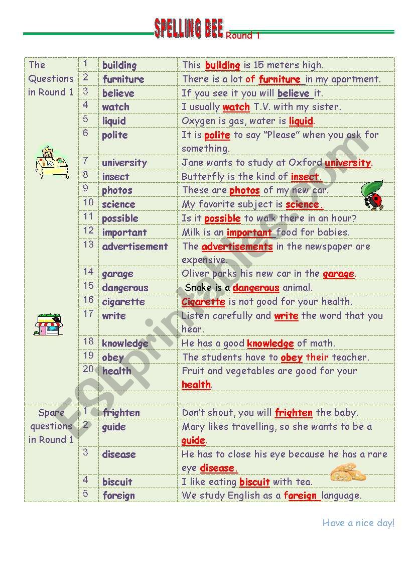 Spelling Bee worksheet