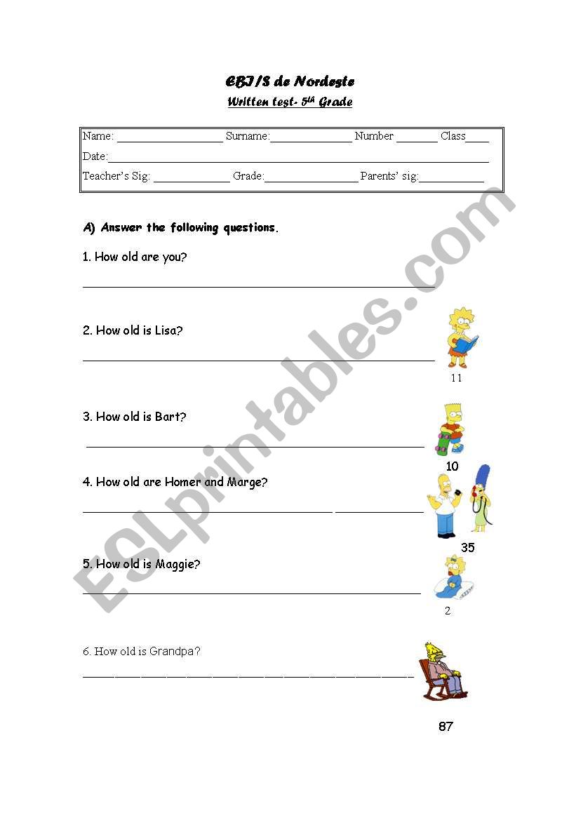 test about age worksheet