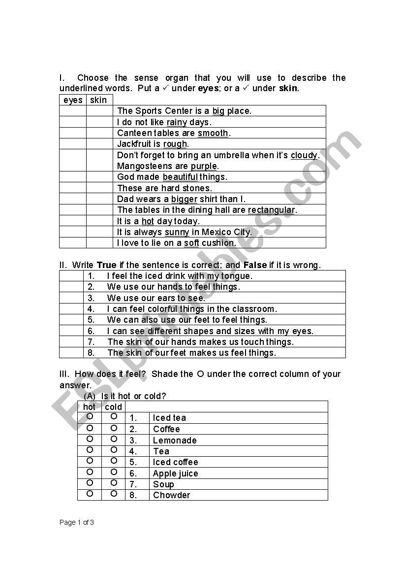 Sense of Touch and Sight worksheet
