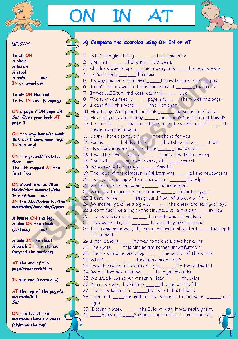 ON  IT  AT prepositions worksheet