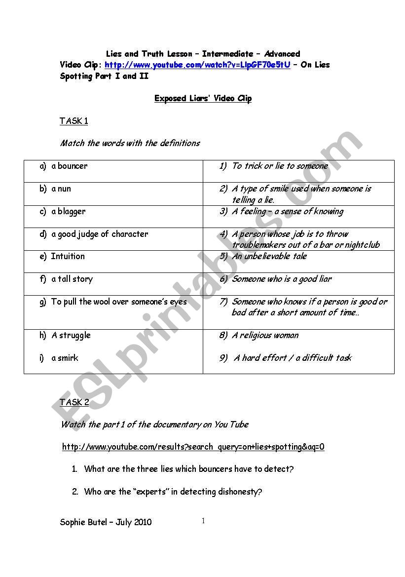 Lies and Truth Video Lesson worksheet