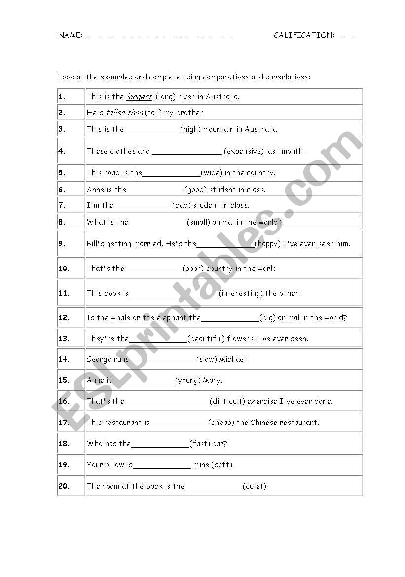 Comparatives and superlatives worksheet