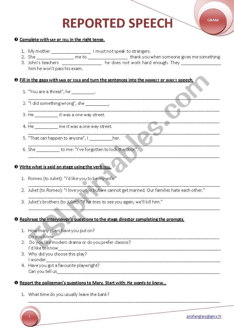 REPORTED SPEECH worksheet