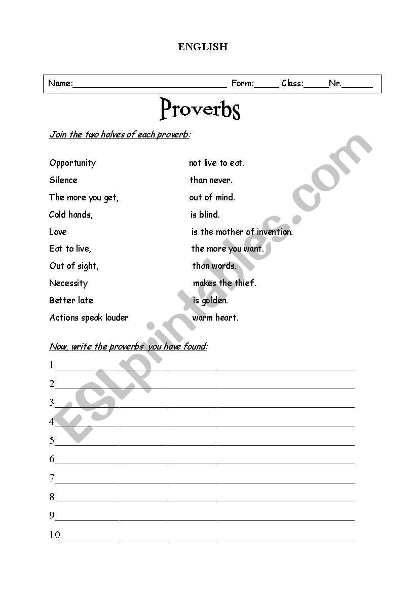 Proverbs worksheet