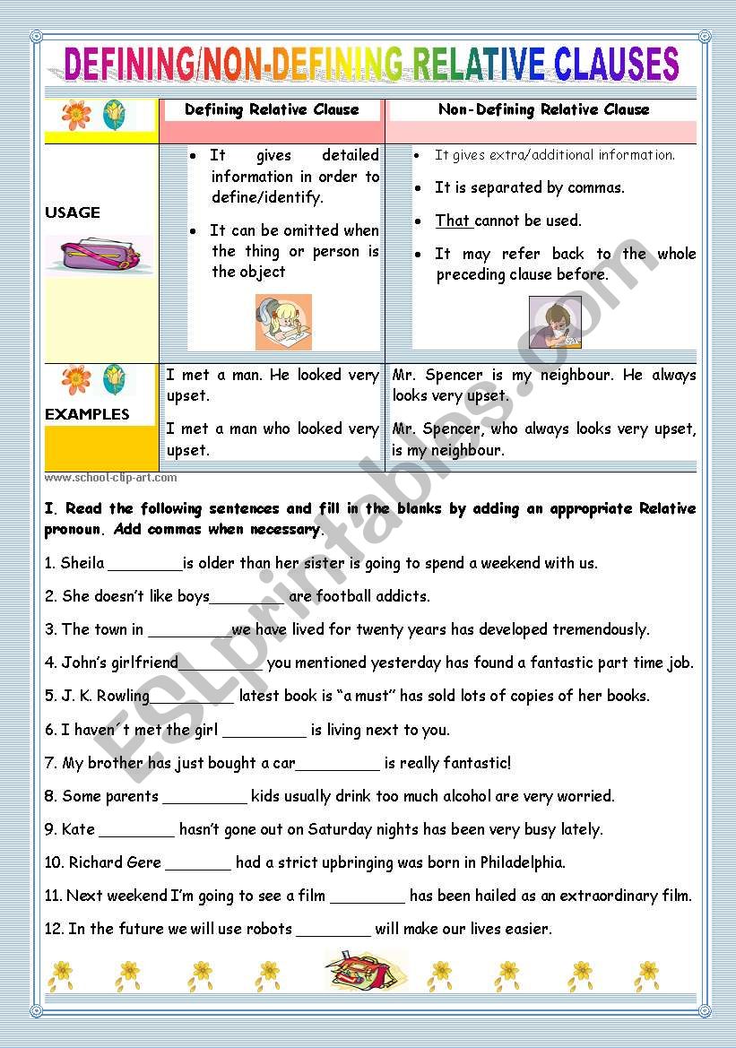 RELATIVE CLAUSES- DEFINING/NON-DEFINING RELATIVE CLAUSES