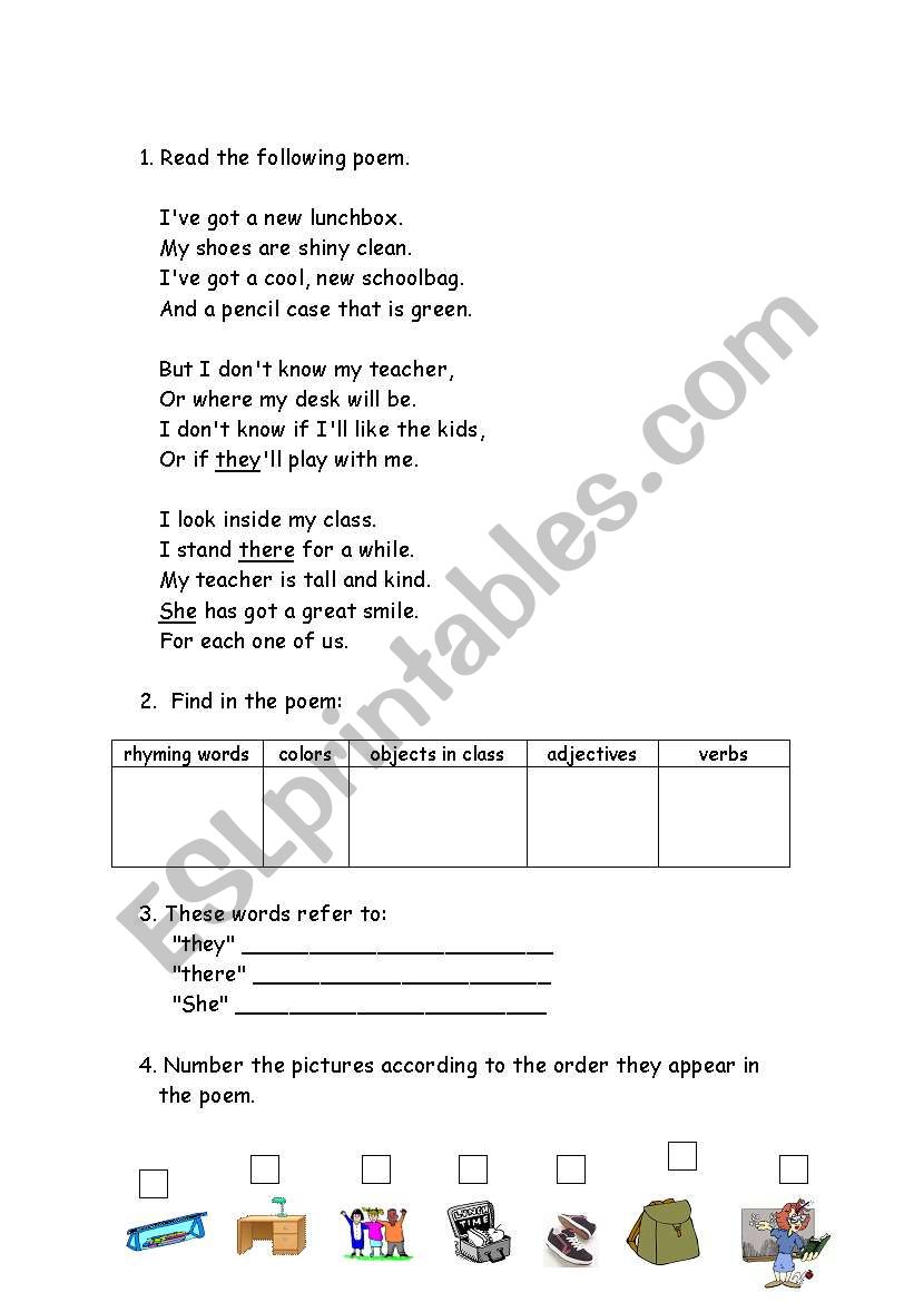 First day of school: poem worksheet