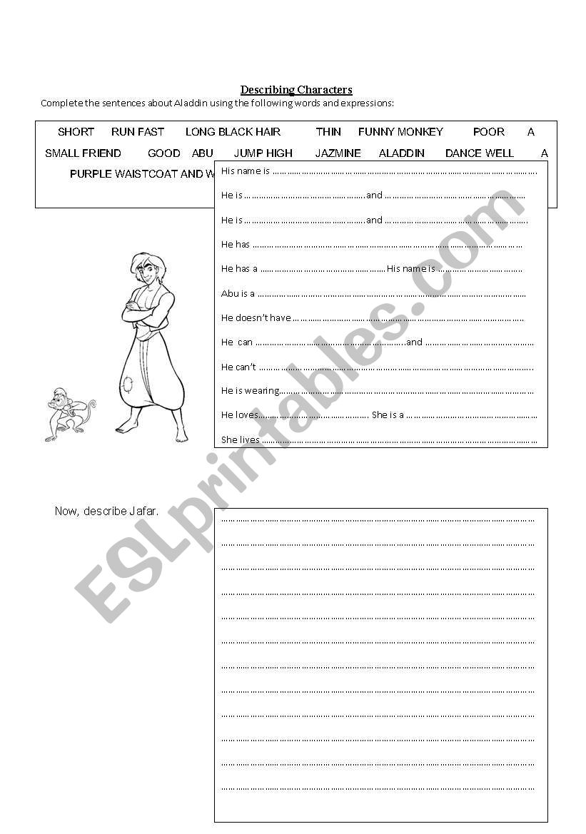 Describing characters worksheet