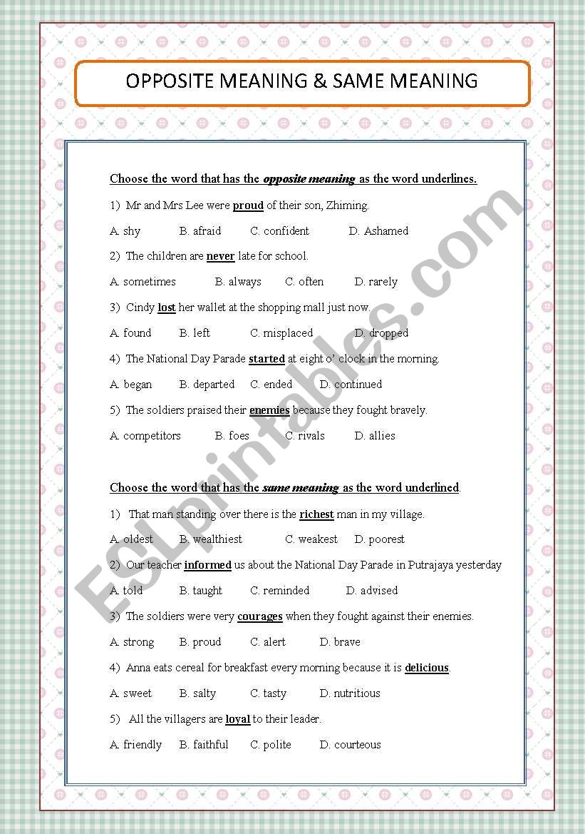 opposite-same-meaning-esl-worksheet-by-shezra79