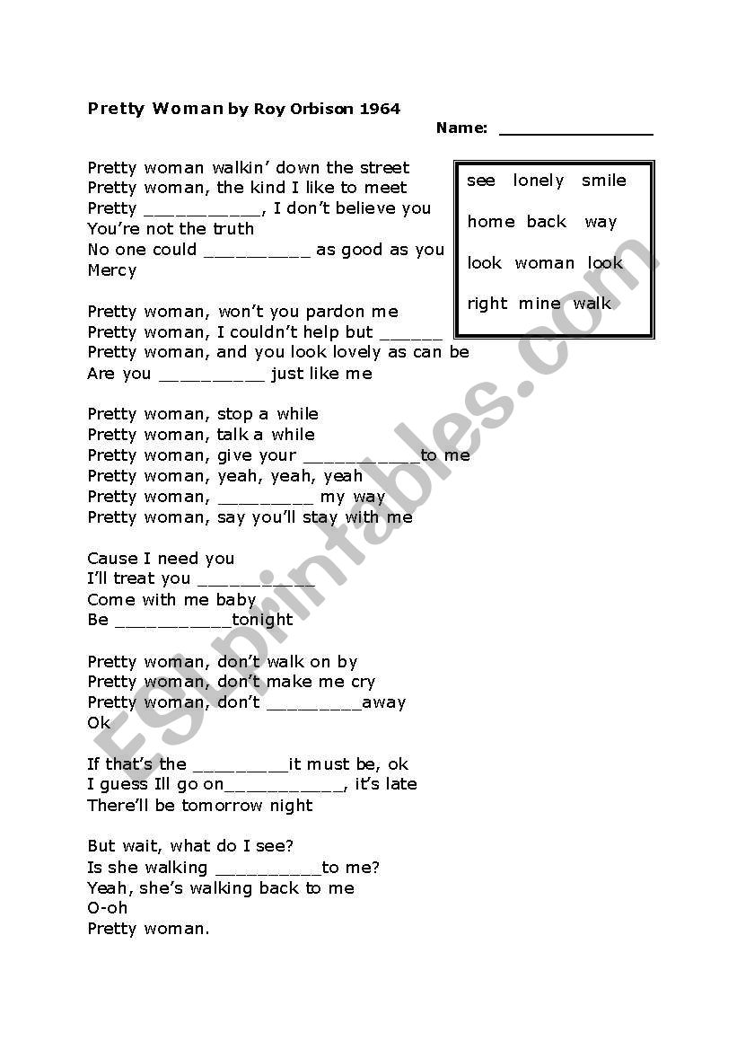 Pretty Woman by Roy Orbison worksheet