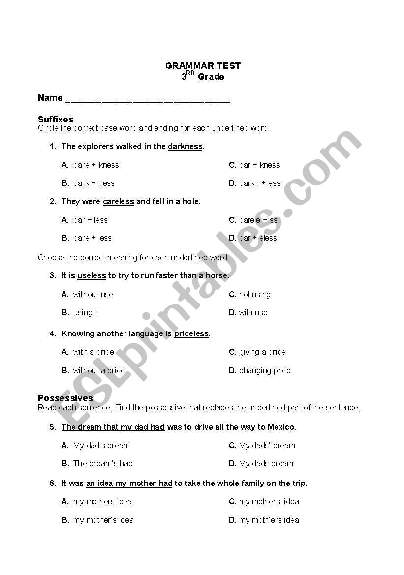 3rd grade grammar test worksheet