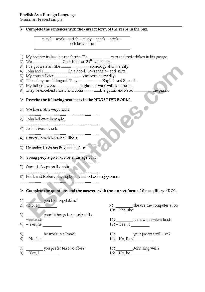 Present simple tense worksheet