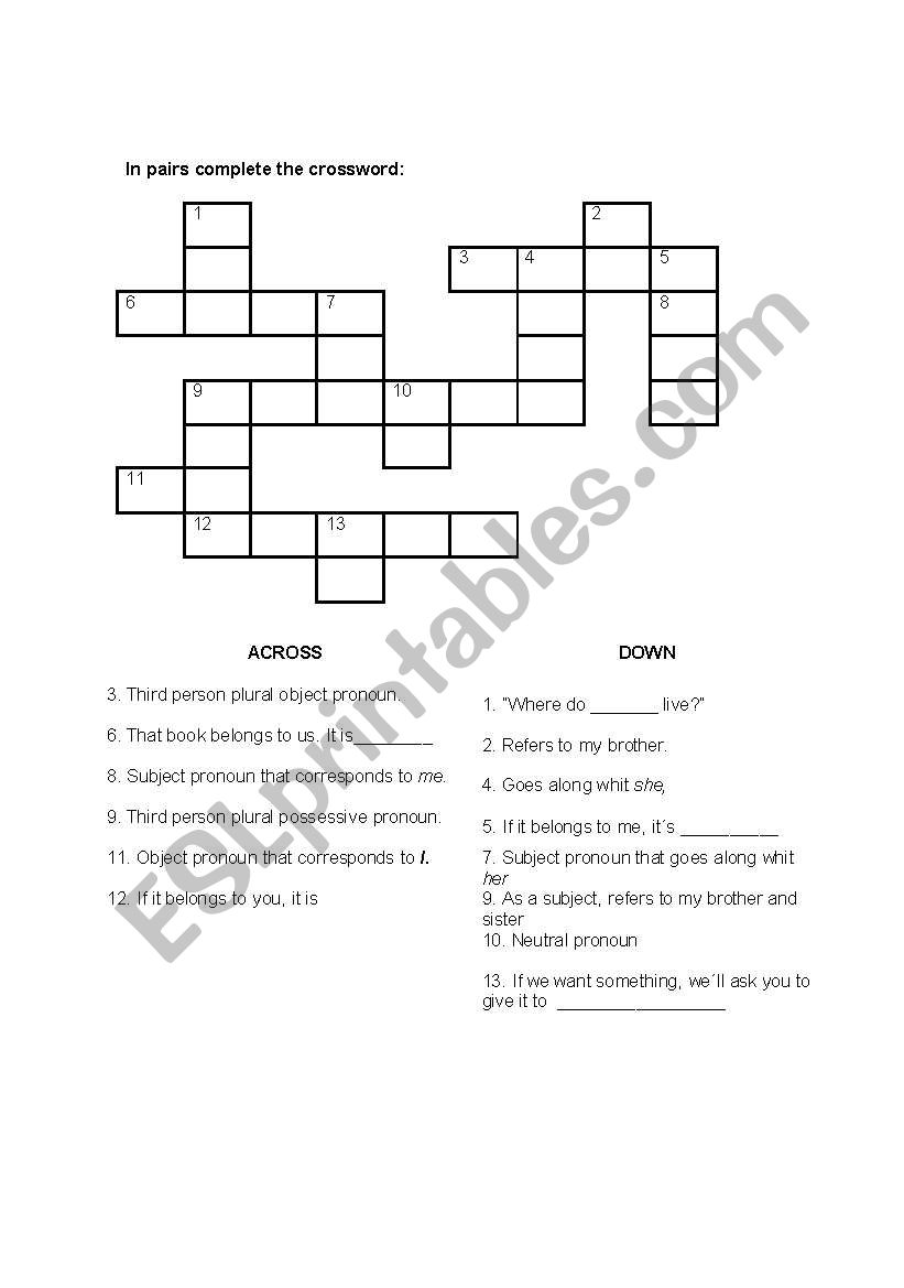 Pronouns crossword worksheet