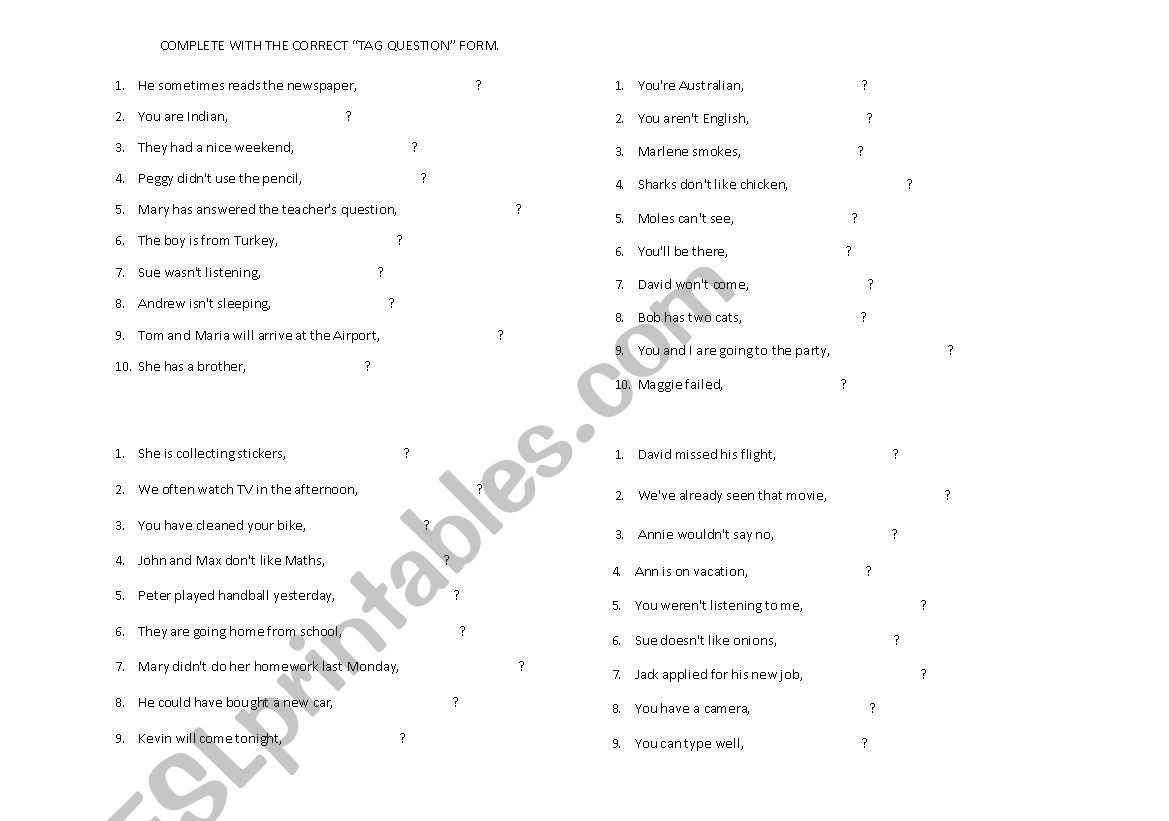 Tag questions worksheet