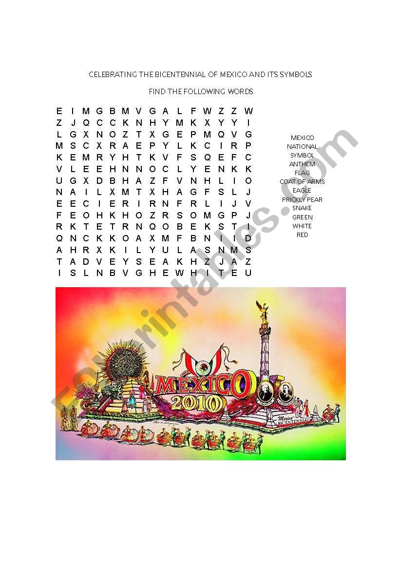 Nouns for Mexico Bicentennial wordsearch