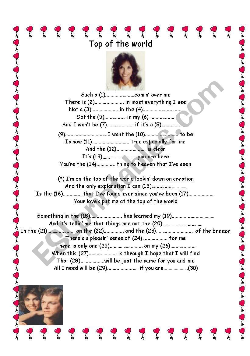 TOP OF THE WORLD- CARPENTERS worksheet