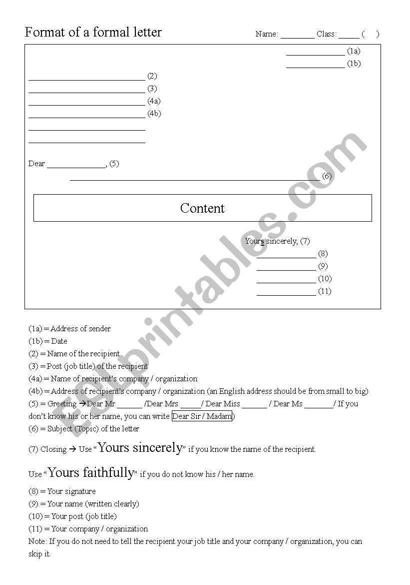 Format of a formal letter worksheet