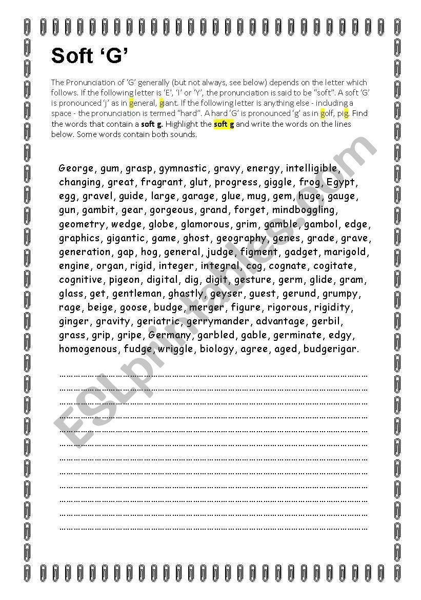 Pronunciation: Soft G worksheet