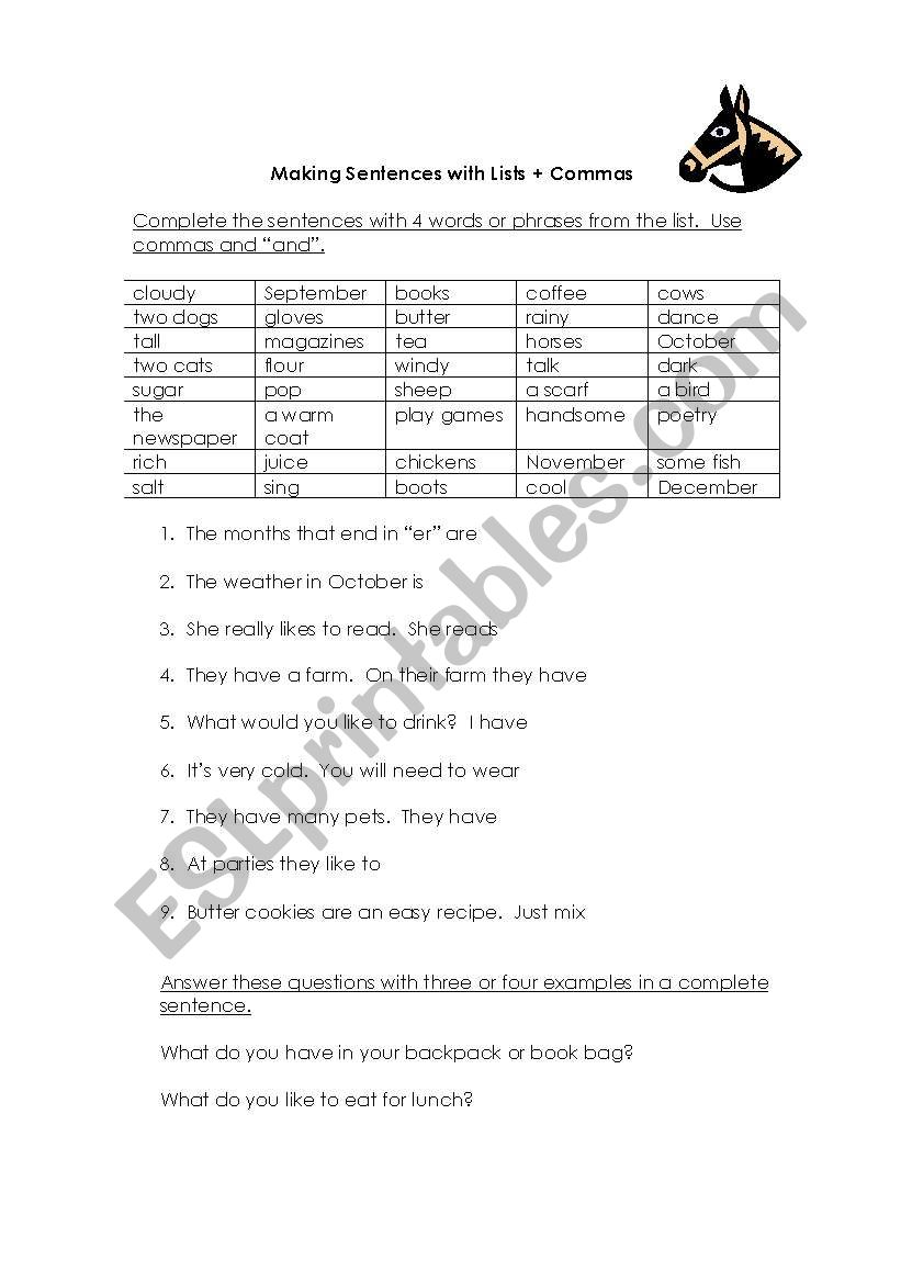 Comma use in lists worksheet