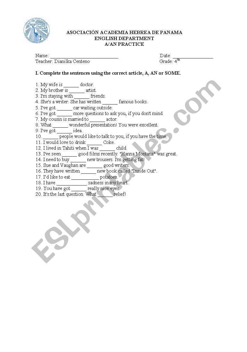 A/AN/SOME Practice worksheet