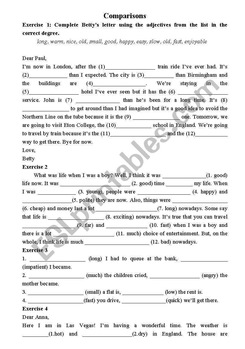 Comparisons exercise worksheet