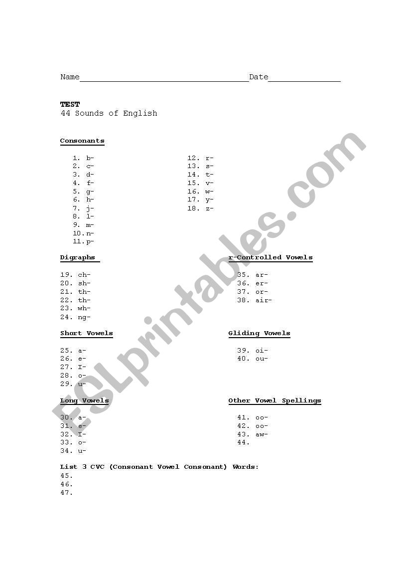 44 Sounds of English worksheet