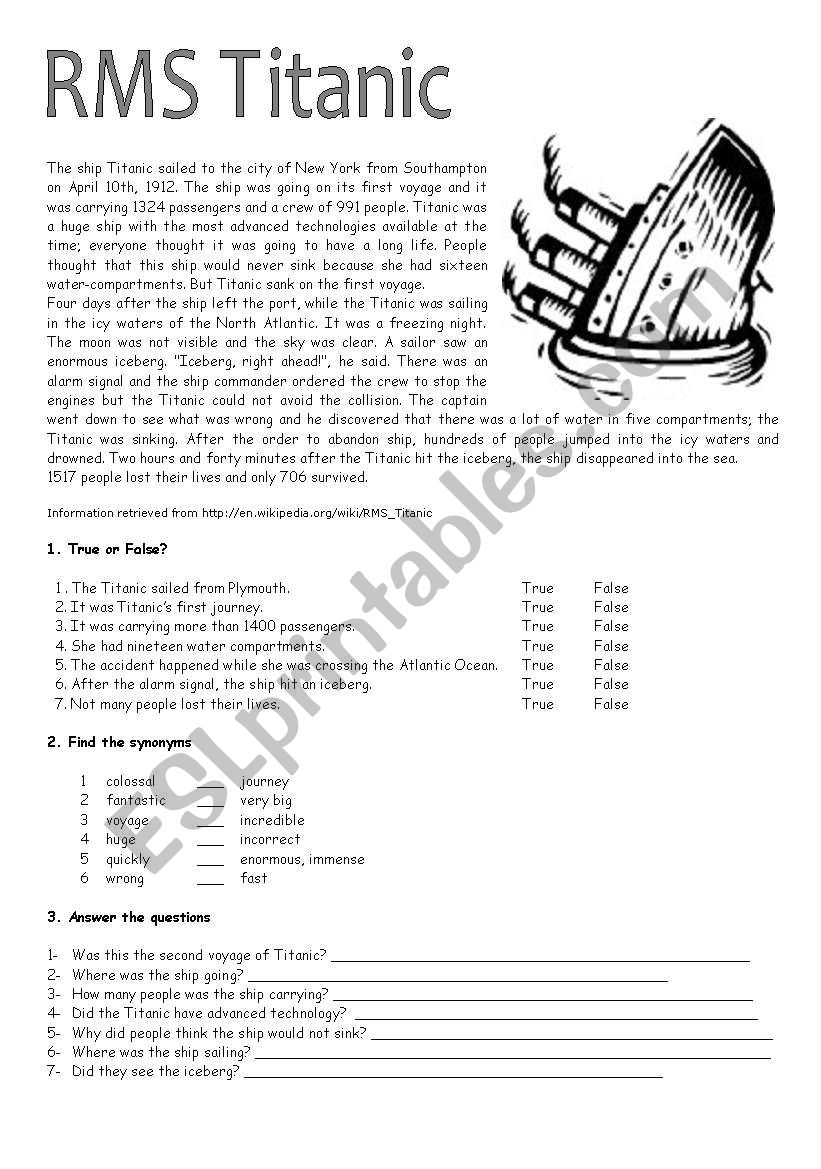 RMS Titanic worksheet