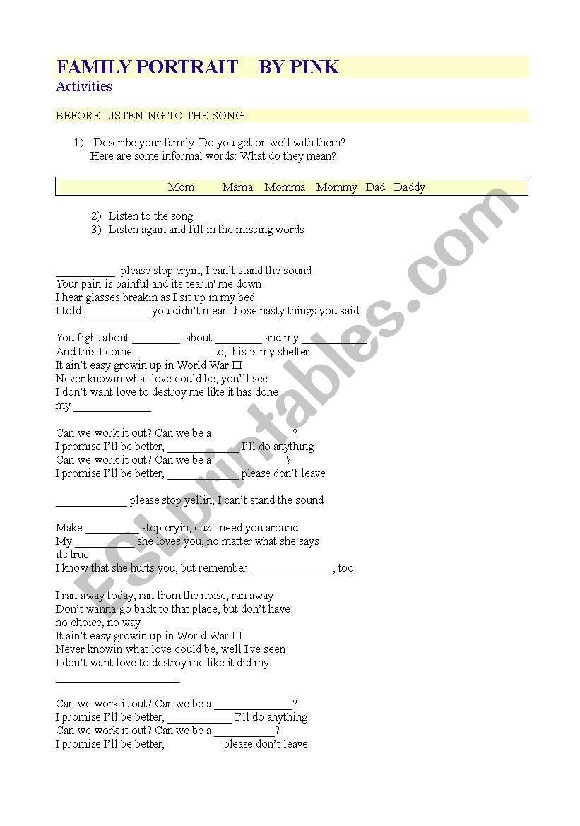 Family Portrait by PinK (song worksheet)