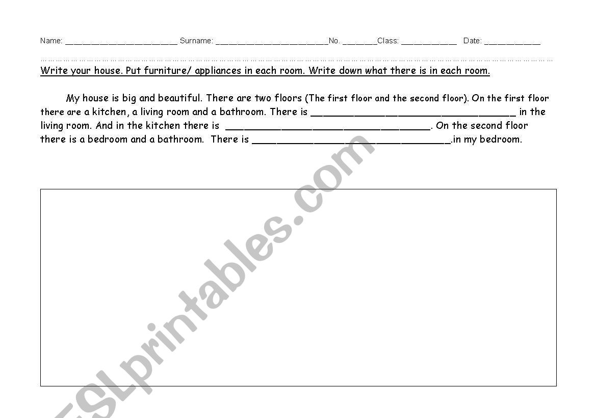 vocabulary about furniture and type of room (cloze test and drawing)