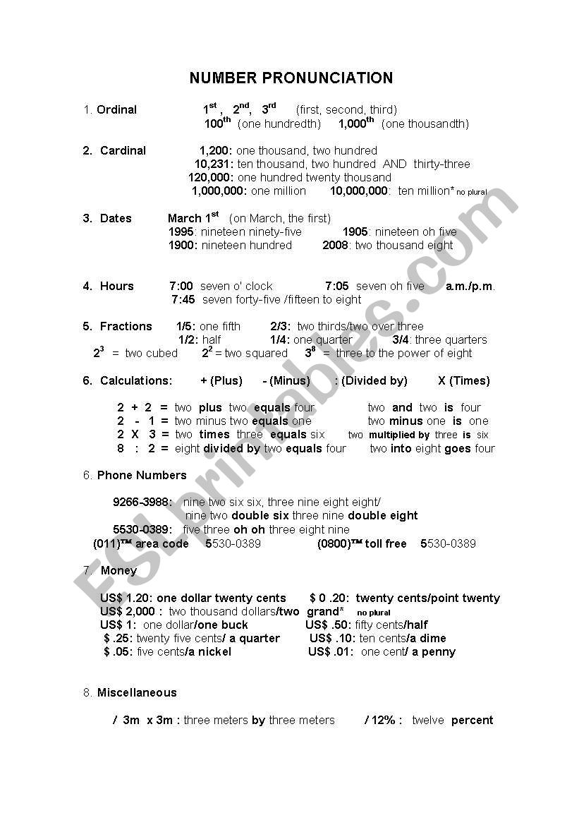 Number pronunciation worksheet