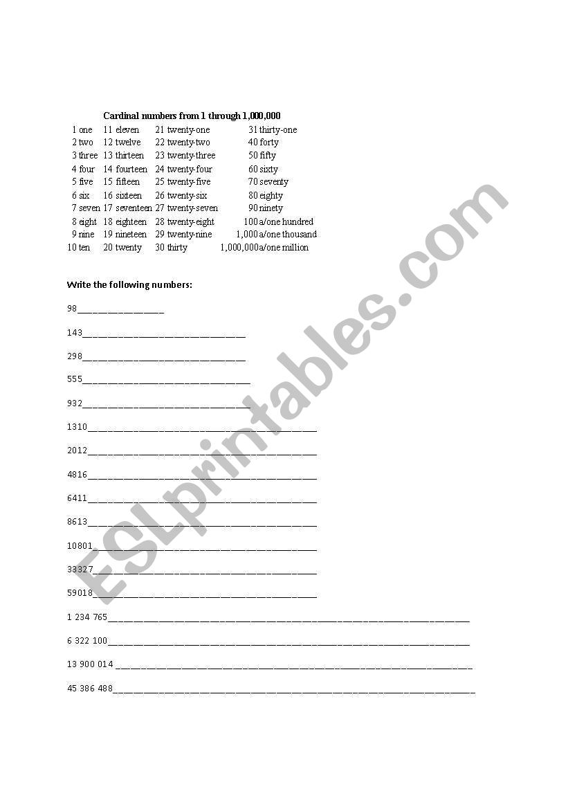 practise cardinal numbers worksheet