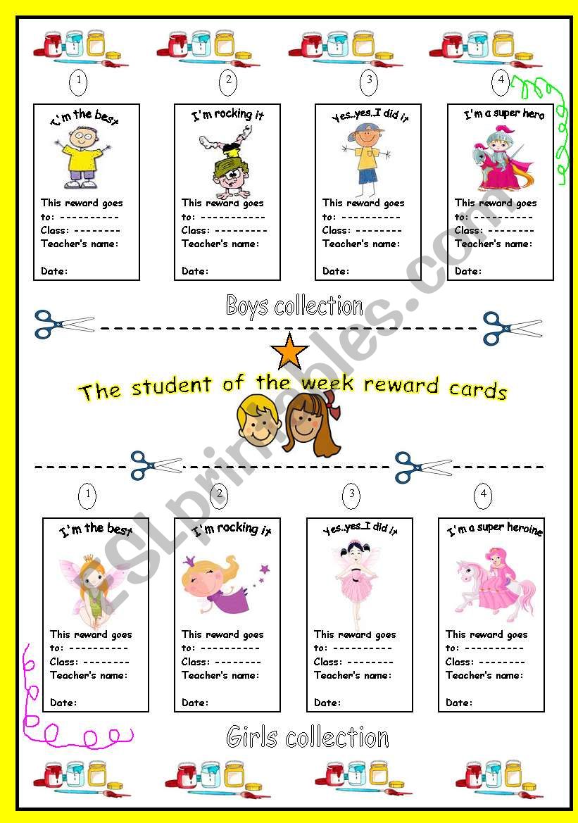 The student of the week reward cards