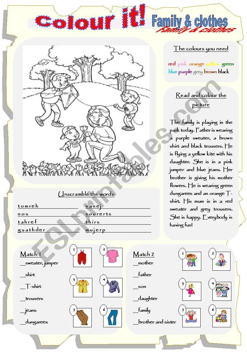 Colour it! Family & clothes. worksheet