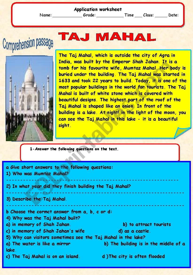 Taj Mahal worksheet