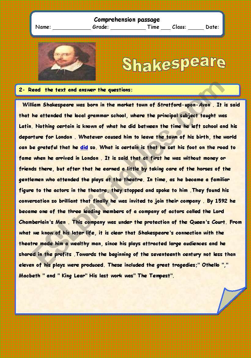 Shakespeare worksheet