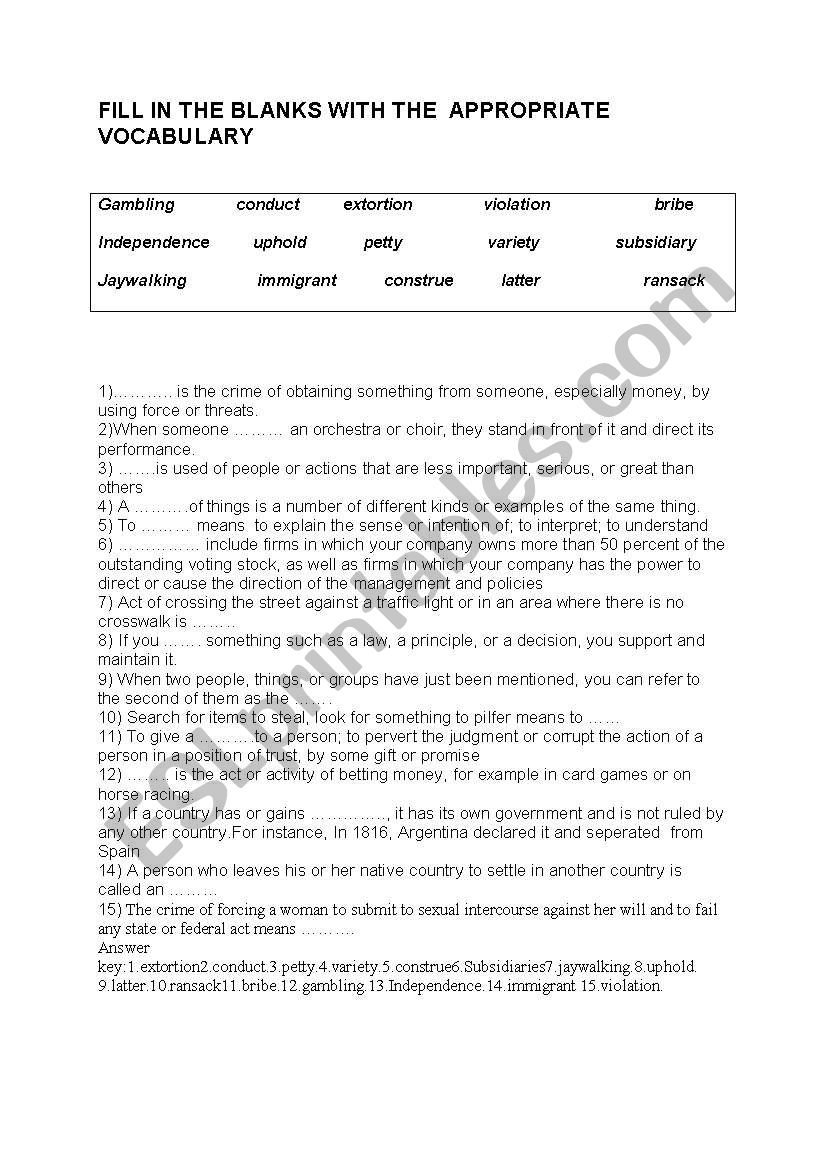 Vocabulary worksheet for business English with answer key