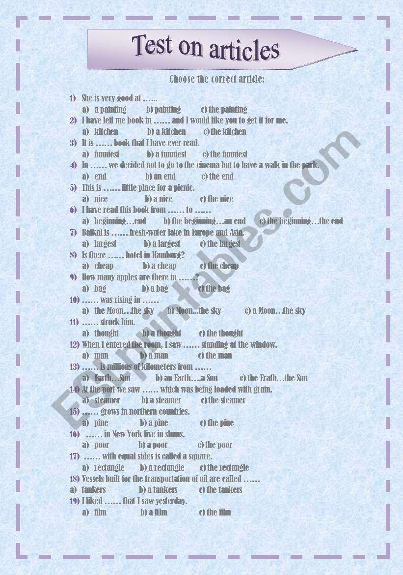 Articles worksheet