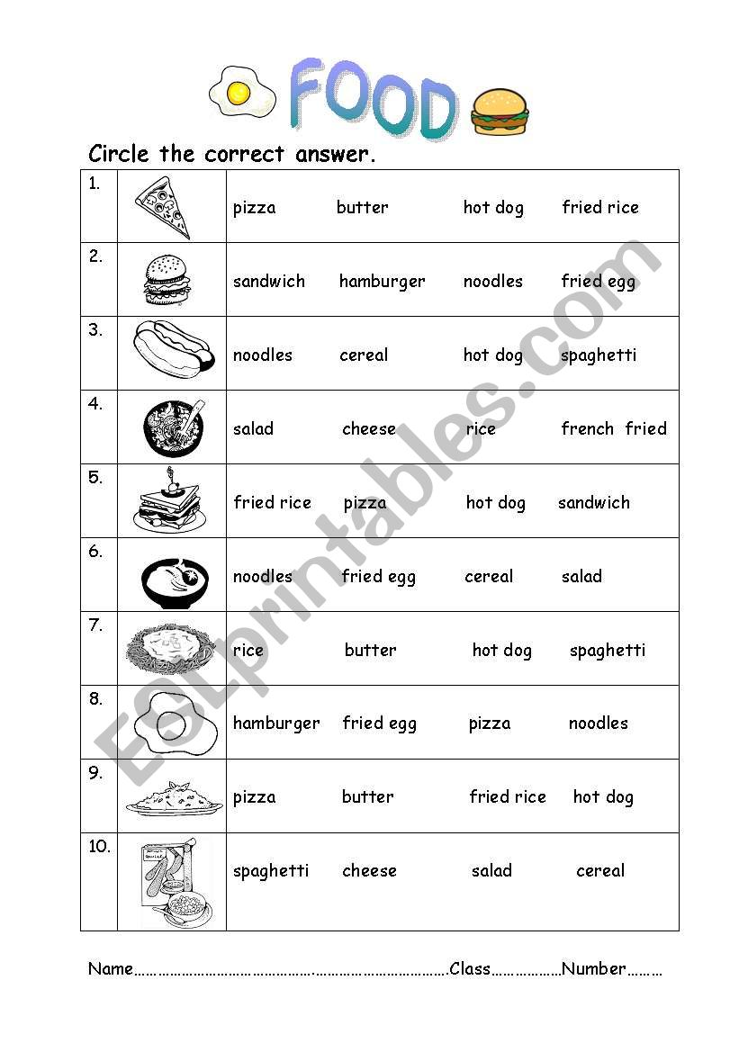 food worksheet