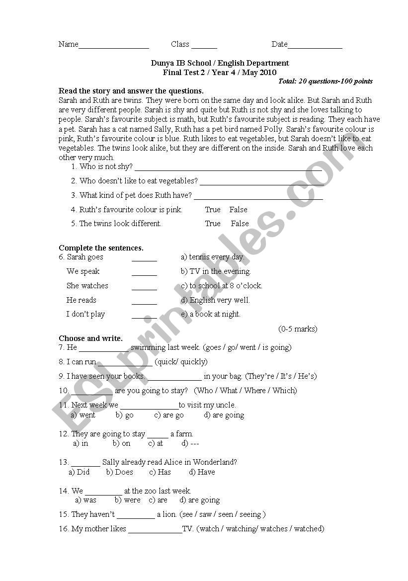 Reading,Grammar and Writing worksheet