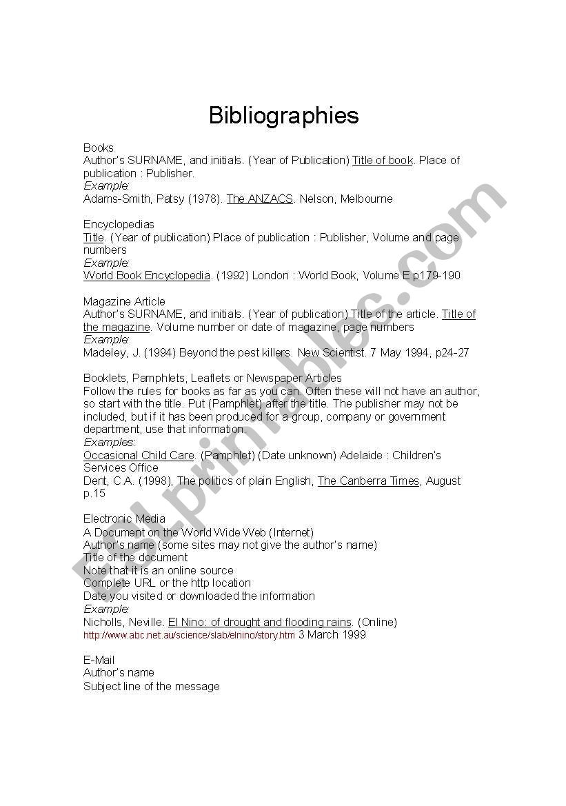 Bibliographies worksheet