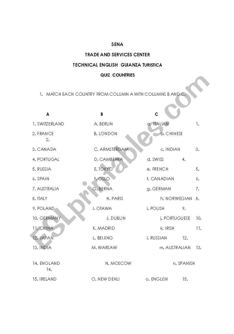 countries quiz worksheet