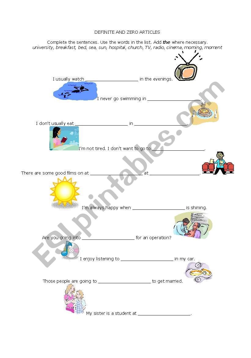 Definite and Zero Articles worksheet