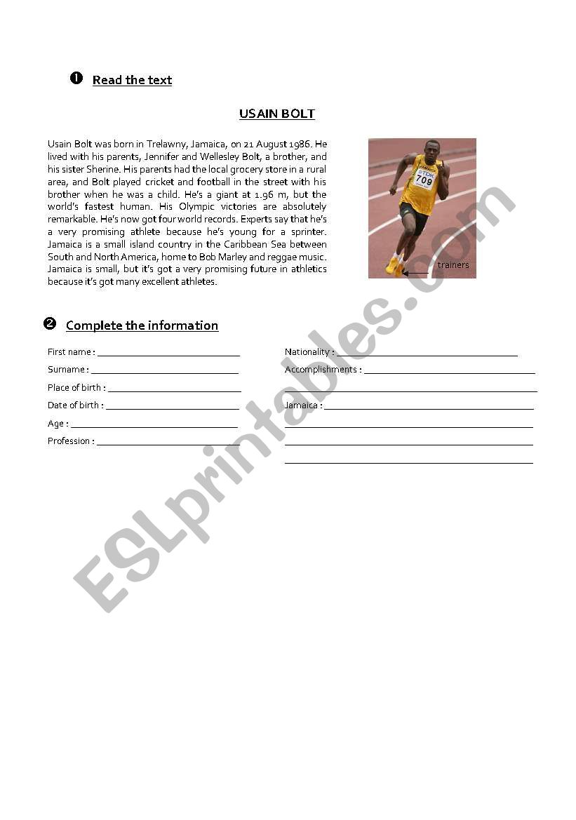 Usain Bolt worksheet