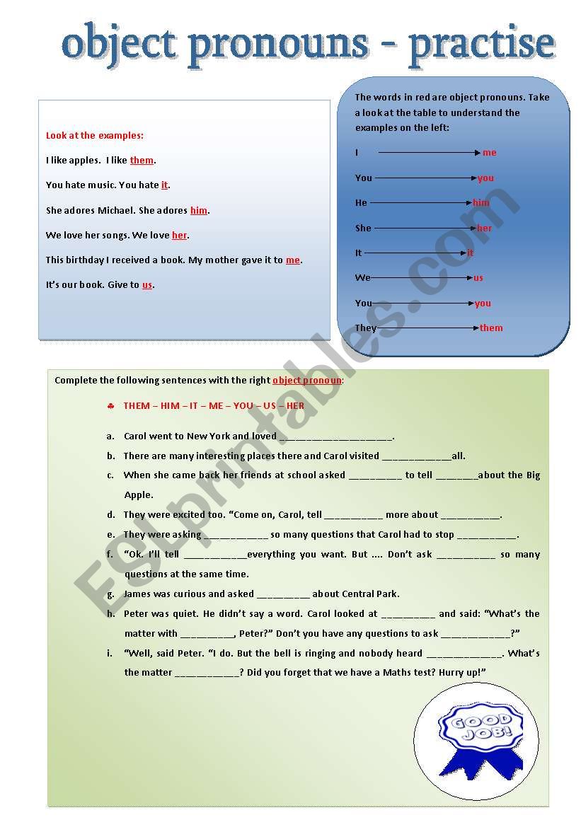 OBJECT PRONOUNS - PRACTISE worksheet