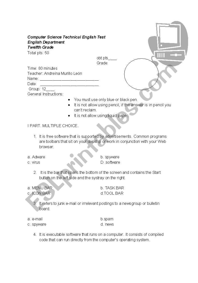 computer science test worksheet