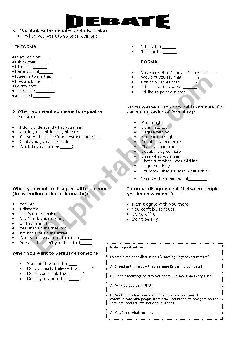 DEBATING LANGUAGE worksheet